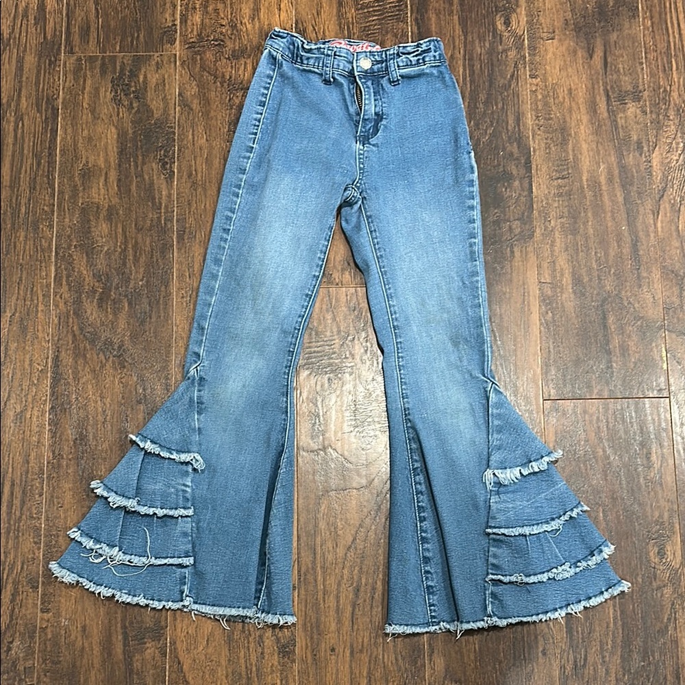 Cowgirl Hardware Flared Blue Jeans with adjustable waistband, size 7